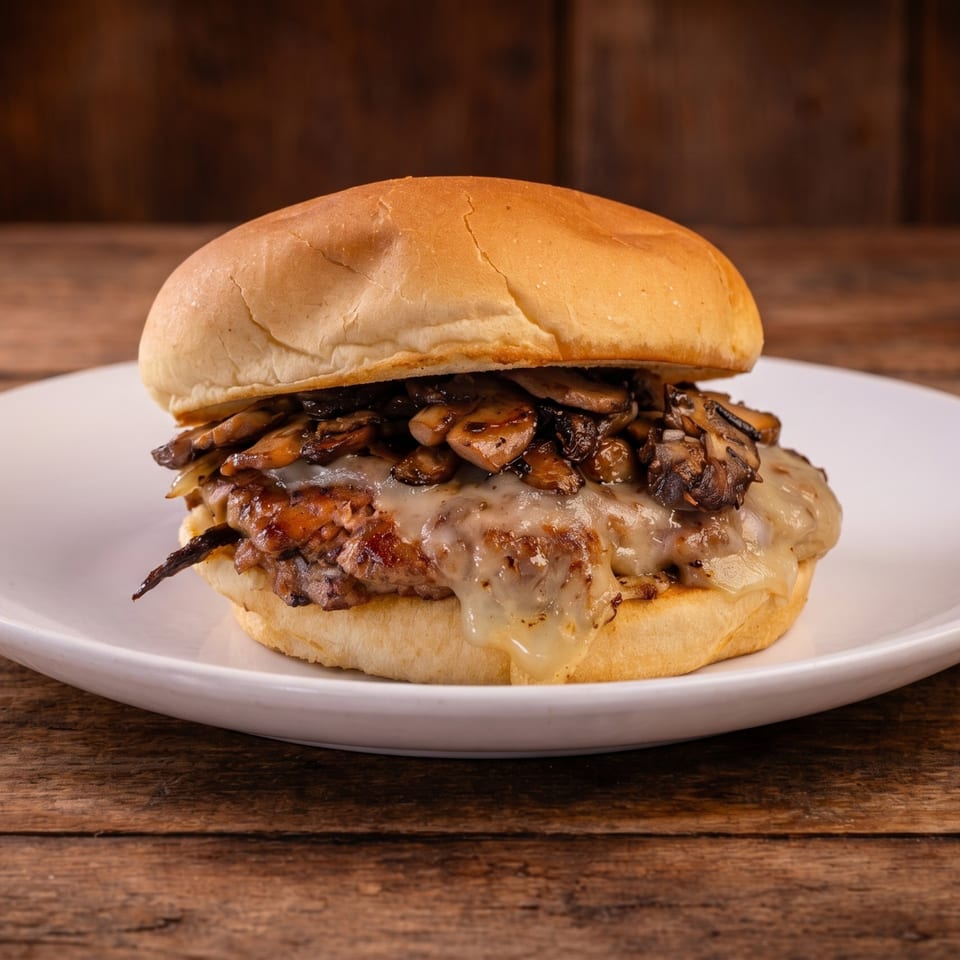 Mushroom Swiss burger with melted cheese and sautéed mushrooms on a white plate.