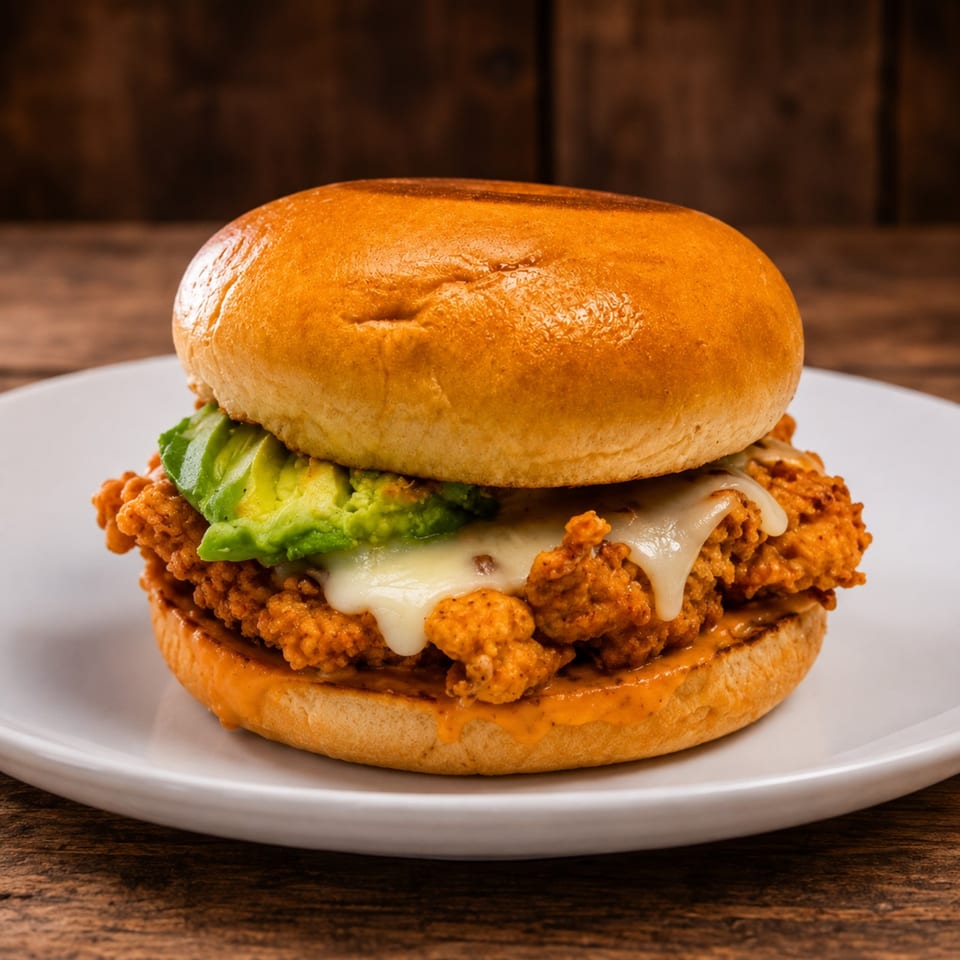 Crispy fried chicken sandwich with melted cheese, avocado, and sauce on a toasted bun, served on a white plate.