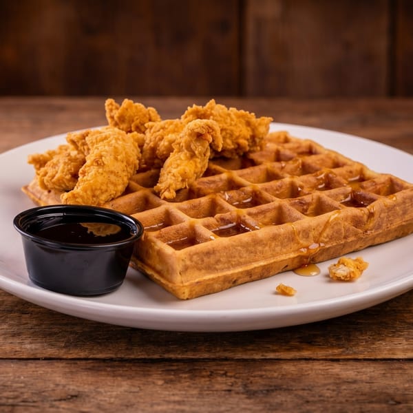 Crispy fried chicken tenders and a golden waffle drizzled with syrup, served with a side of syrup.