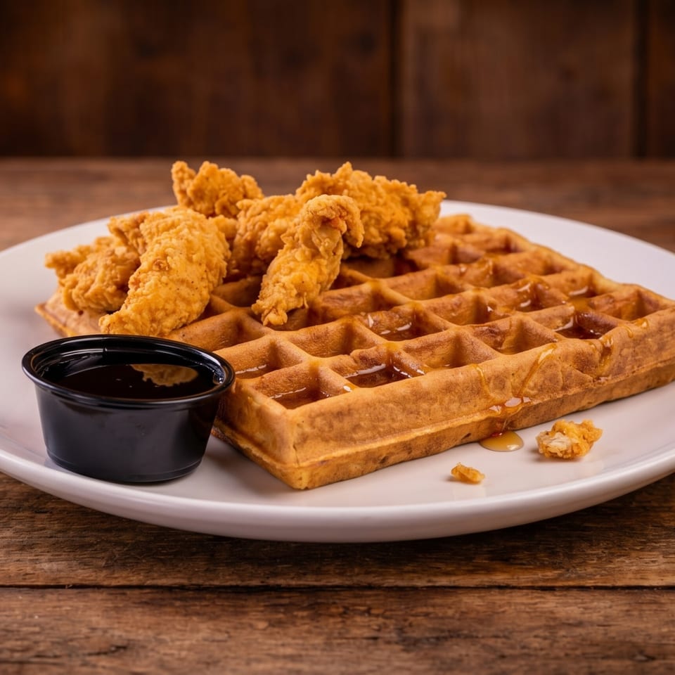 Crispy fried chicken tenders and a golden waffle drizzled with syrup, served with a side of syrup.