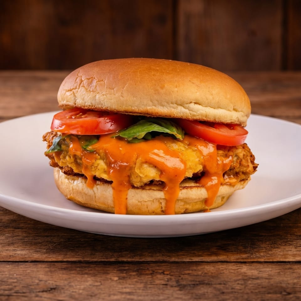 A chicken sandwich with tomatoes, lettuce, and orange sauce on a white plate.