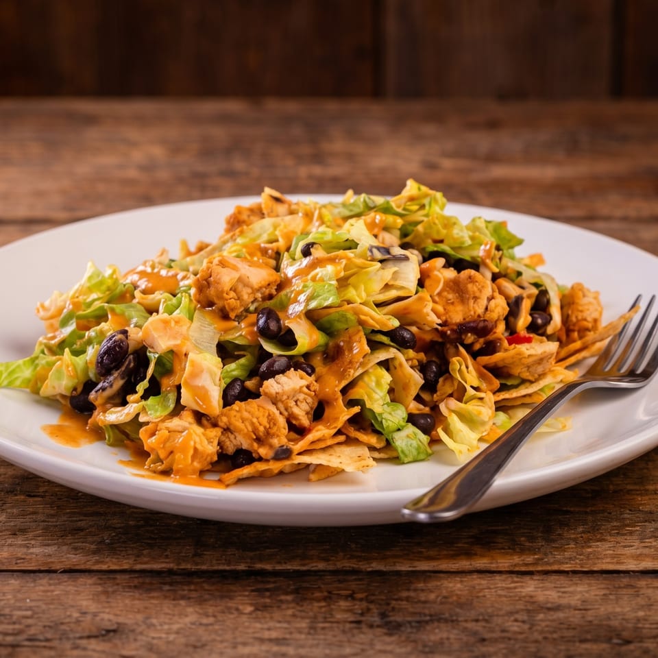 Chicken taco salad with lettuce, black beans, tortilla strips, and orange dressing on a white plate.