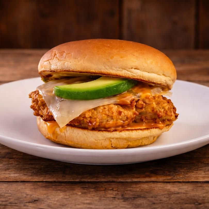 Crispy fried chicken sandwich with melted cheese, avocado slices, and sauce on a white plate.
