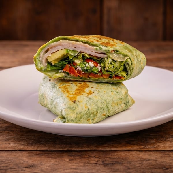 A green tortilla wrap, cut in half, revealing turkey, avocado, lettuce, and red peppers.