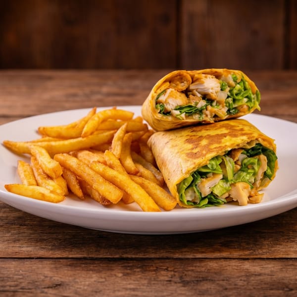Chicken and lettuce wrap, cut in half, served with a side of golden french fries on a white plate.