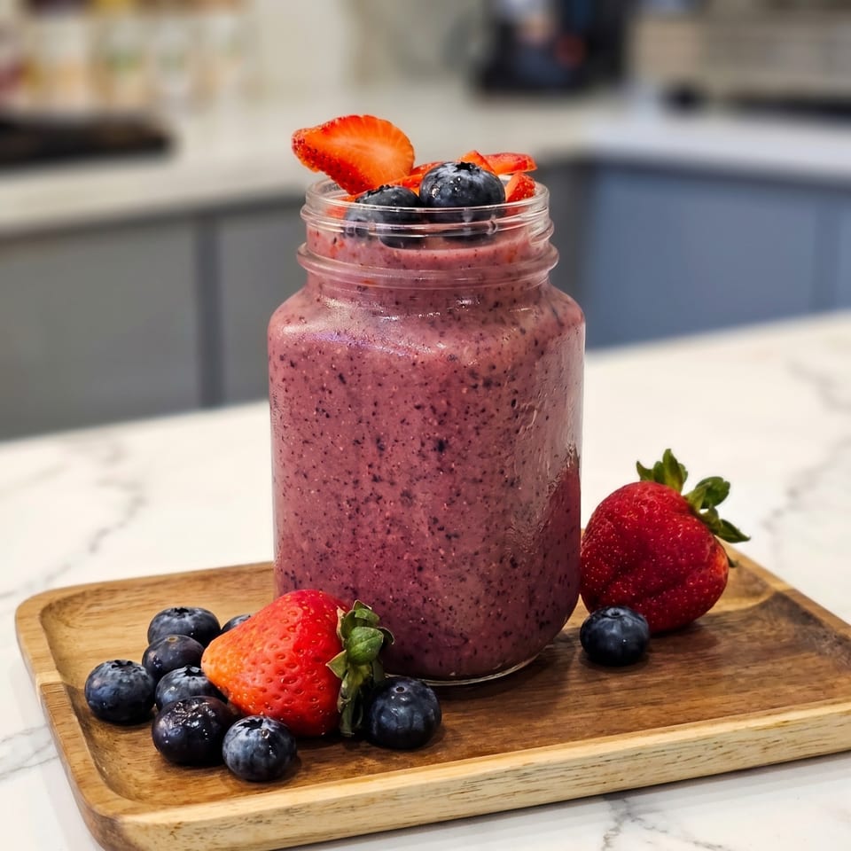 Berry smoothie in a glass jar, garnished with fresh strawberries and blueberries on a wooden tray.