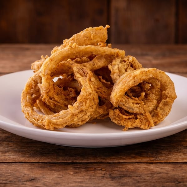 A white plate piled high with golden-brown, crispy fried onion rings on a rustic wooden table.