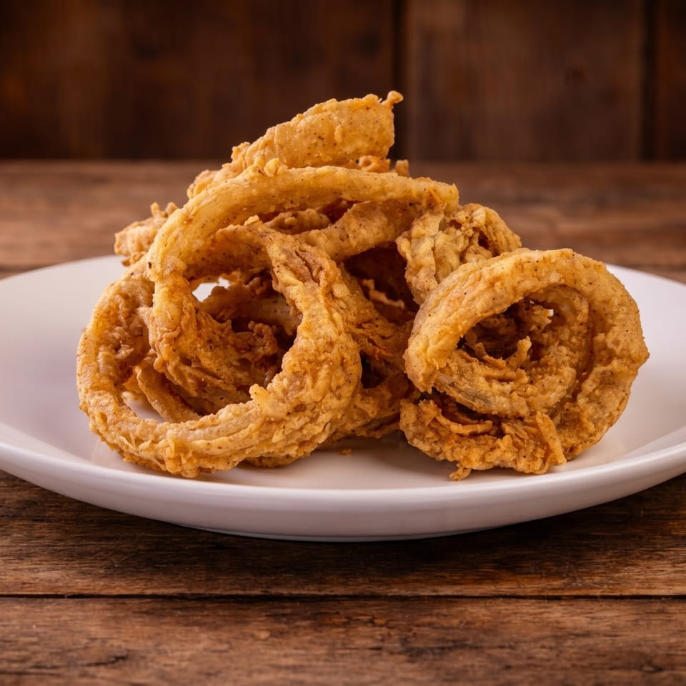 A white plate piled high with golden-brown, crispy fried onion rings on a rustic wooden table.