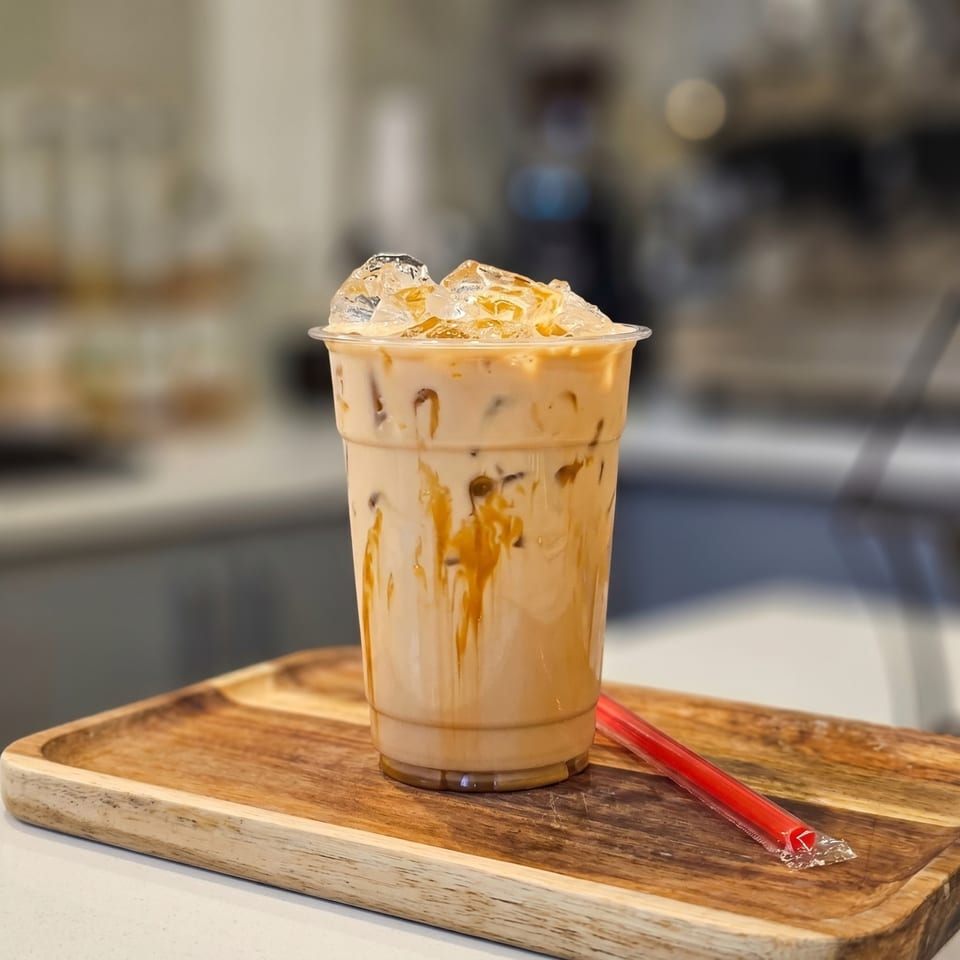 Iced caramel latte in a clear plastic cup with a red straw on a wooden tray.