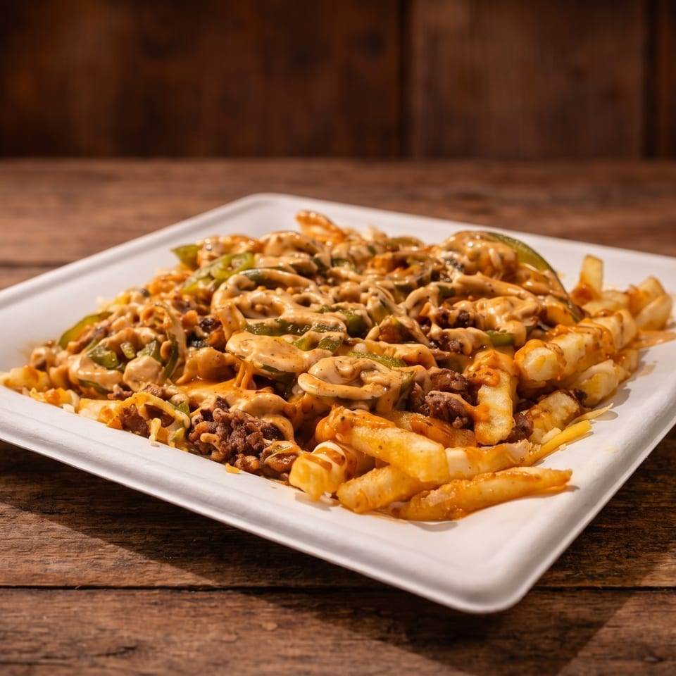 Loaded fries with ground beef, green peppers, and a creamy sauce on a white plate.